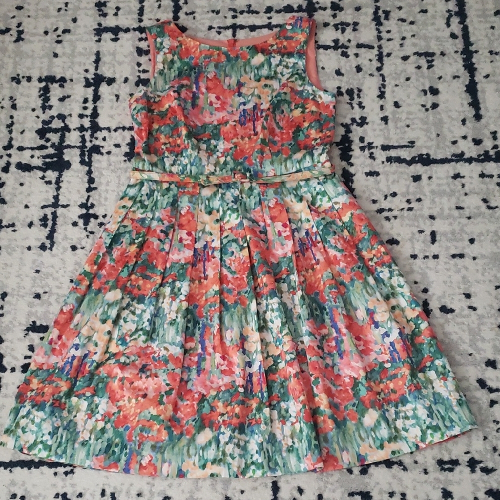 Talbots Coral & Green Floral Sleeveless Dress